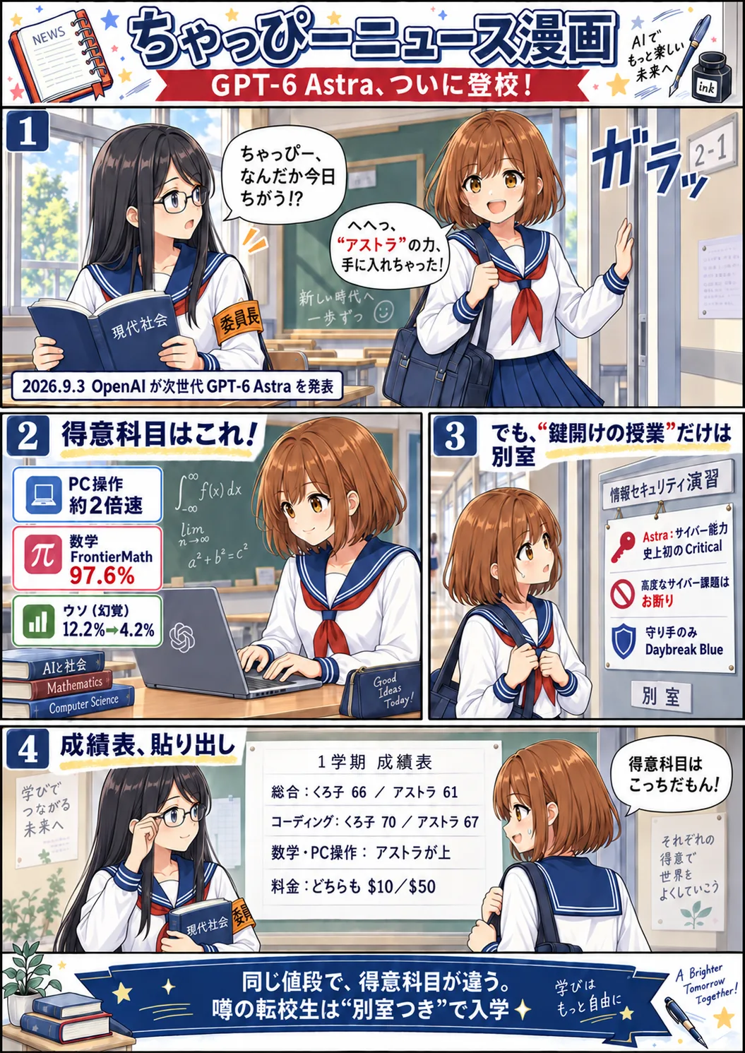 ちゃっぴーニュース漫画。GPT-6 Astra、ついに登校（2026年9月3日）。①朝の教室にちゃっぴーが登校し、くろ子が「なんだか今日ちがう!?」と驚く、②得意科目はPC操作 約2倍速・数学 FrontierMath 97.6%・幻覚 12.2%→4.2%、③掲示板の貼り紙「サイバー能力 史上初のCritical／高度なサイバー課題はお断り／守り手のみ Daybreak Blue」を困り顔で見上げる、④成績表の貼り出しで総合はくろ子66対アストラ61、コーディングは70対67、数学・PC操作はアストラが上、料金はどちらも$10／$50。まとめは「同じ値段で、得意科目が違う。噂の転校生は別室つきで入学」