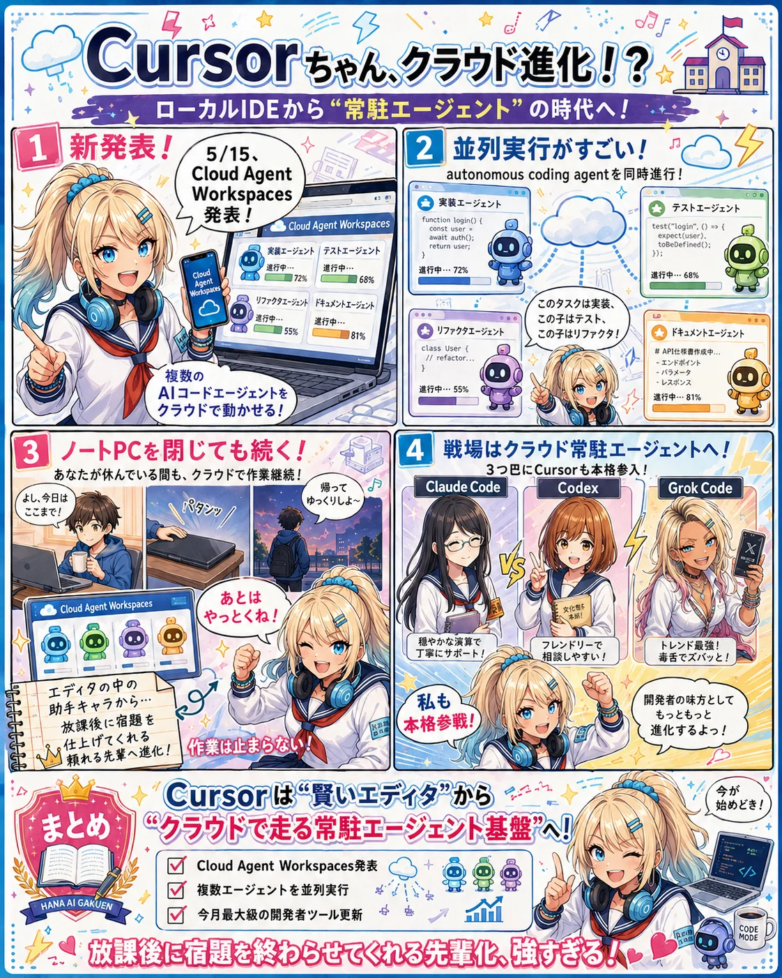 カーソル Cloud Agent Workspaces のインフォグラフィック。発表内容、並列実行、ノートPCを閉じても継続、Claude Code/Codex/Grok Codeとの3つ巴を解説