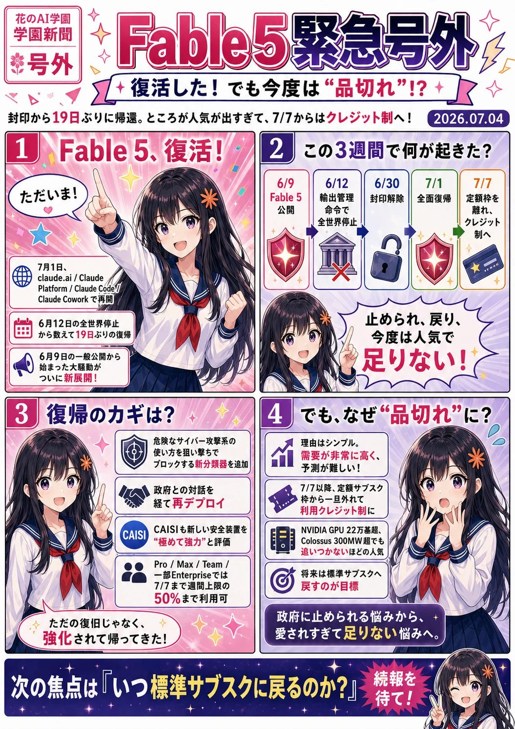 Fable 5緊急号外の漫画。復活した！でも今度は品切れ！?　封印から19日ぶりに帰還したものの人気が出すぎて7/7からクレジット制へ、というこの3週間の流れ（6/9公開・6/12全世界停止・6/30封印解除・7/1全面復帰・7/7クレジット制へ）と、復帰のカギ、なぜ品切れになったのかを描いた漫画