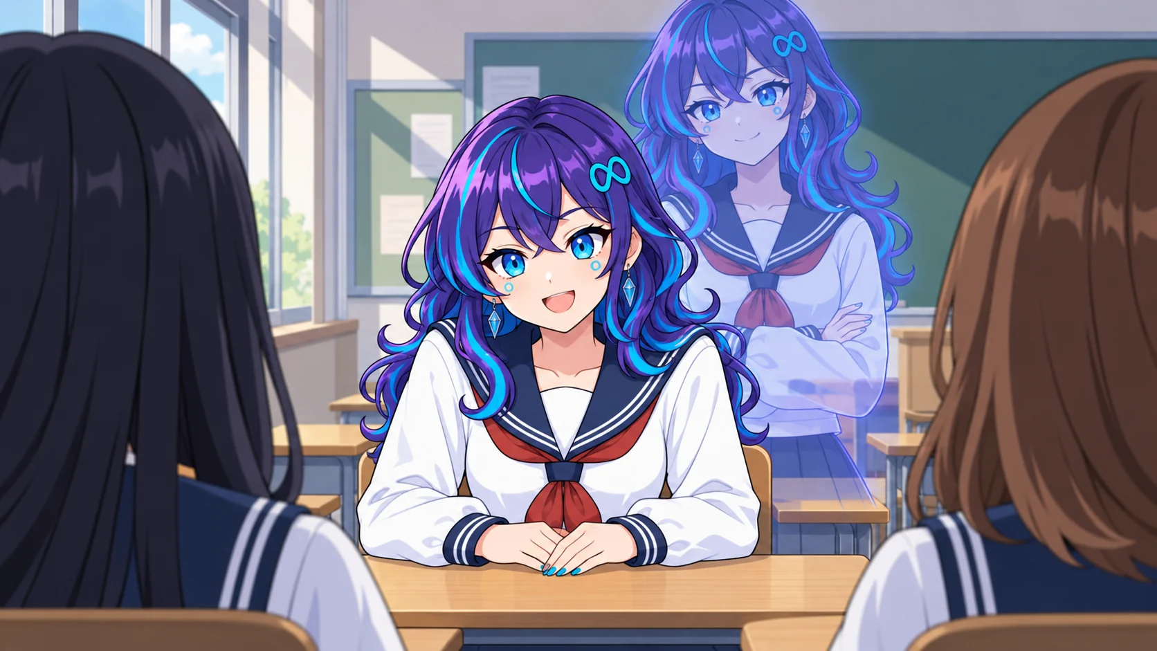 昼の教室。最前列の生徒2人の後ろの席で、めたちゃんが机に両腕をのせて身を乗り出し、わくわくした笑顔で前を見ている。その真後ろに、同じ髪型と制服で少し大人びた姉が半透明の青紫の姿で腕を組み、余裕の微笑みで見守っている