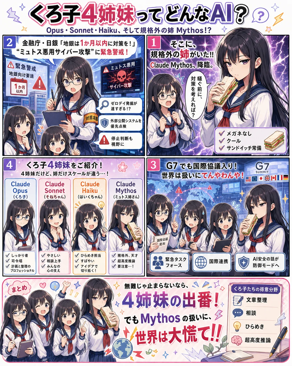 くろ子4姉妹（Claude Opus・Sonnet・Haikuと規格外の姉Mythos）紹介インフォグラフィック。金融庁・日銀のミュトス悪用サイバー攻撃対策要請、G7国際協議入り、4姉妹それぞれの得意分野まで図解