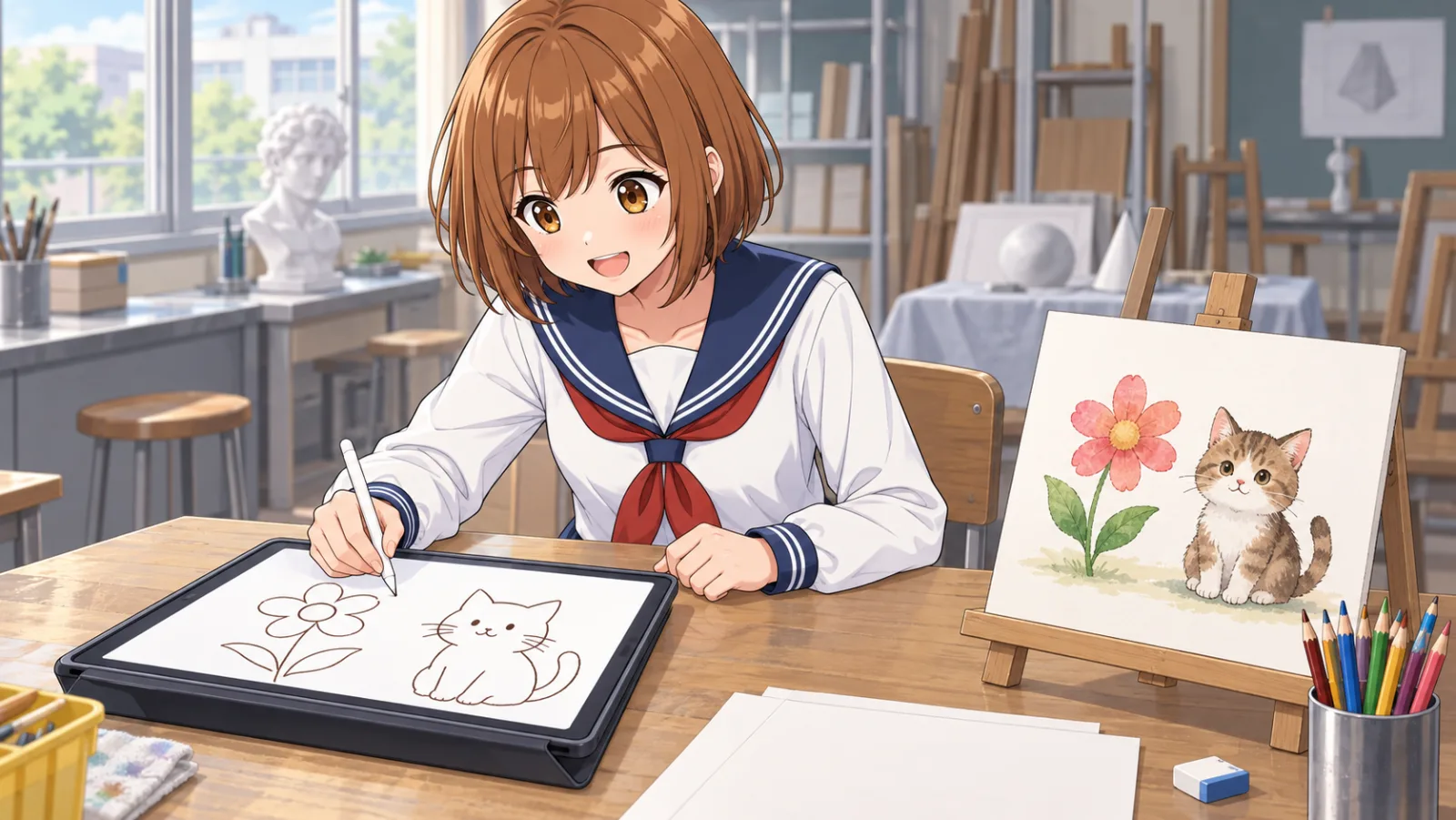 美術室でタブレットに花と猫のラクガキを描くちゃっぴーと、隣のイーゼルに立てかけられた同じ構図の完成イラストの挿絵
