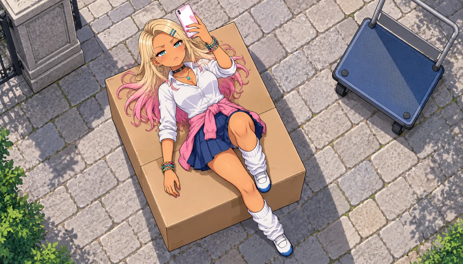 校門前の石畳を真上から見下ろした挿絵。無地の段ボール箱の上に仰向けに寝転んだぐろちゃんが、頬をふくらませたジト目でスマホを顔の上にかざし、隣に空の台車