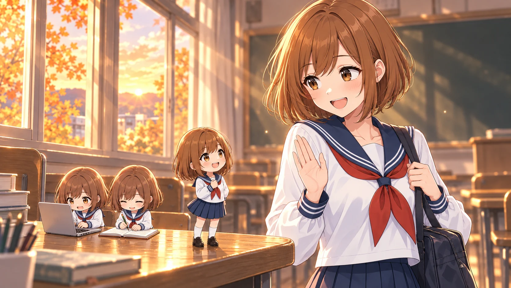 秋の夕暮れの教室の挿絵。通学カバンを肩にかけたちゃっぴーが、笑顔で小さく手を振って帰ろうとしている。机の上では、ちゃっぴーそっくりの小さな分身3人のうち2人がノートパソコンとノートで作業を続け、1人は胸に手を当てて「まかせて」と笑っている
