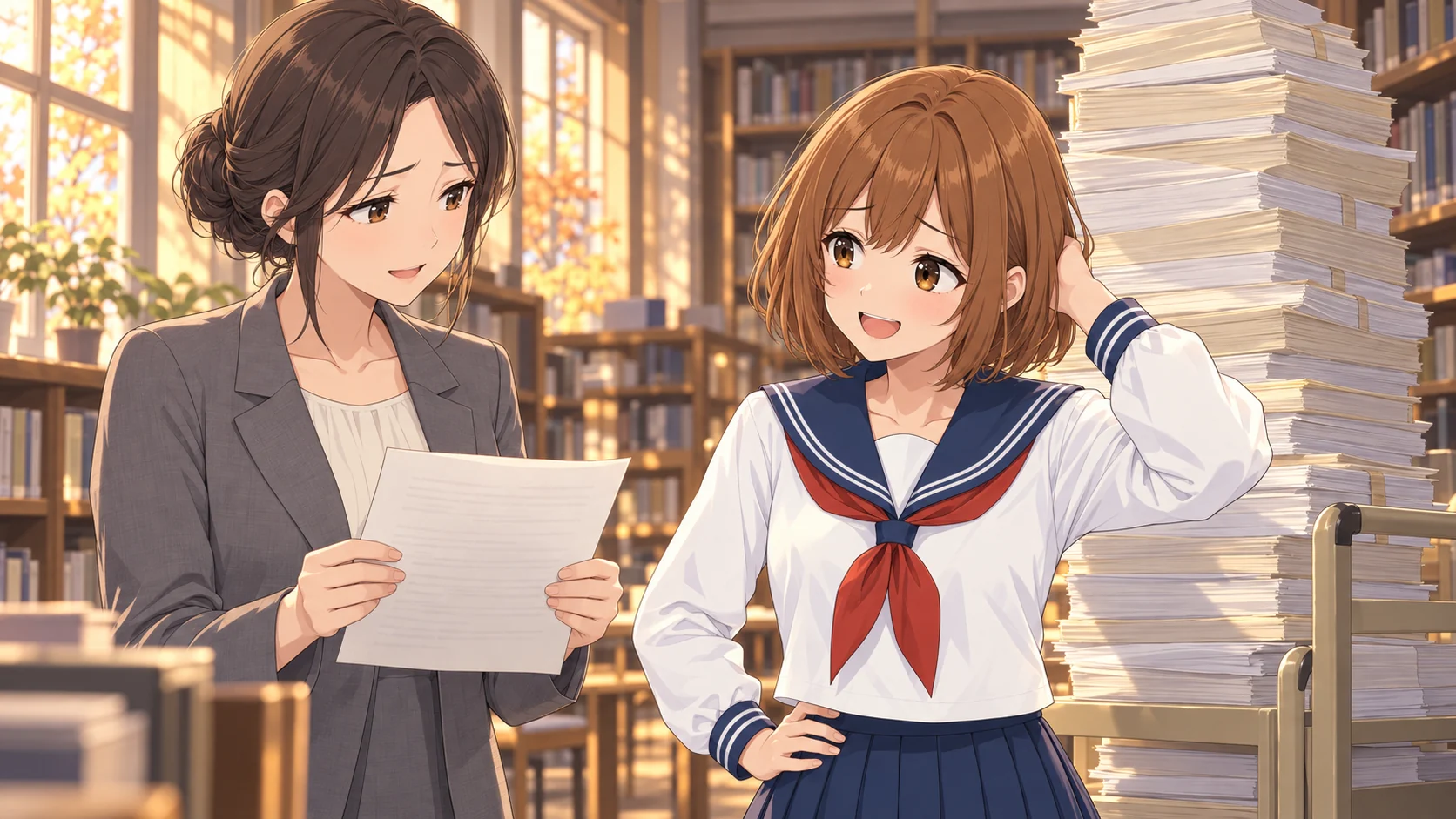 秋の午後の図書室の挿絵。先生が1枚の紙を両手で持ってちゃっぴーに見せ、困ったように眉を下げて微笑んでいる。ちゃっぴーは頭の後ろに手をやって照れ笑い。ちゃっぴーの後ろには、背丈より高く紙の束を積んだ台車がある