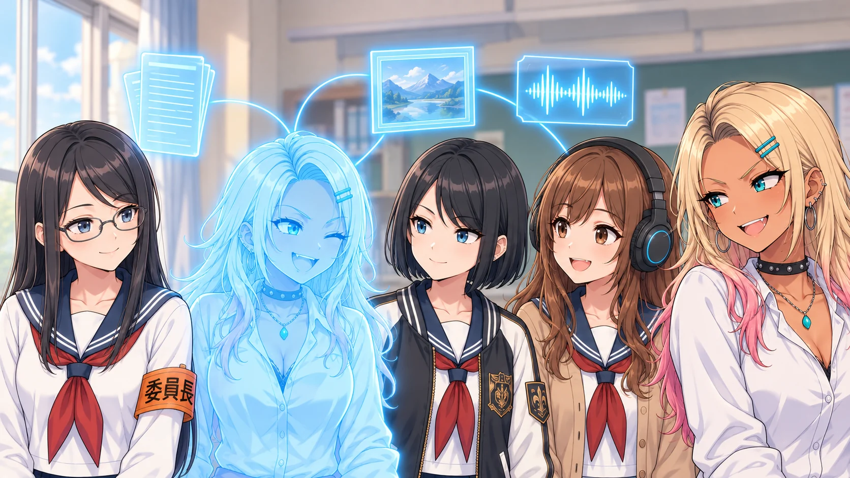 明るい教室の挿絵。中央で、ぐろちゃんそっくりの水色に透けた分身がウインクし、頭上に浮かぶ書類・風景画・音の波形の3つのホログラムへ光の線がのびている。左にはくろ子、右にはスタジャン姿のジャニ子とヘッドホンをつけたスーちゃんが並び、右端では本物のぐろちゃんがにやりと見守っている