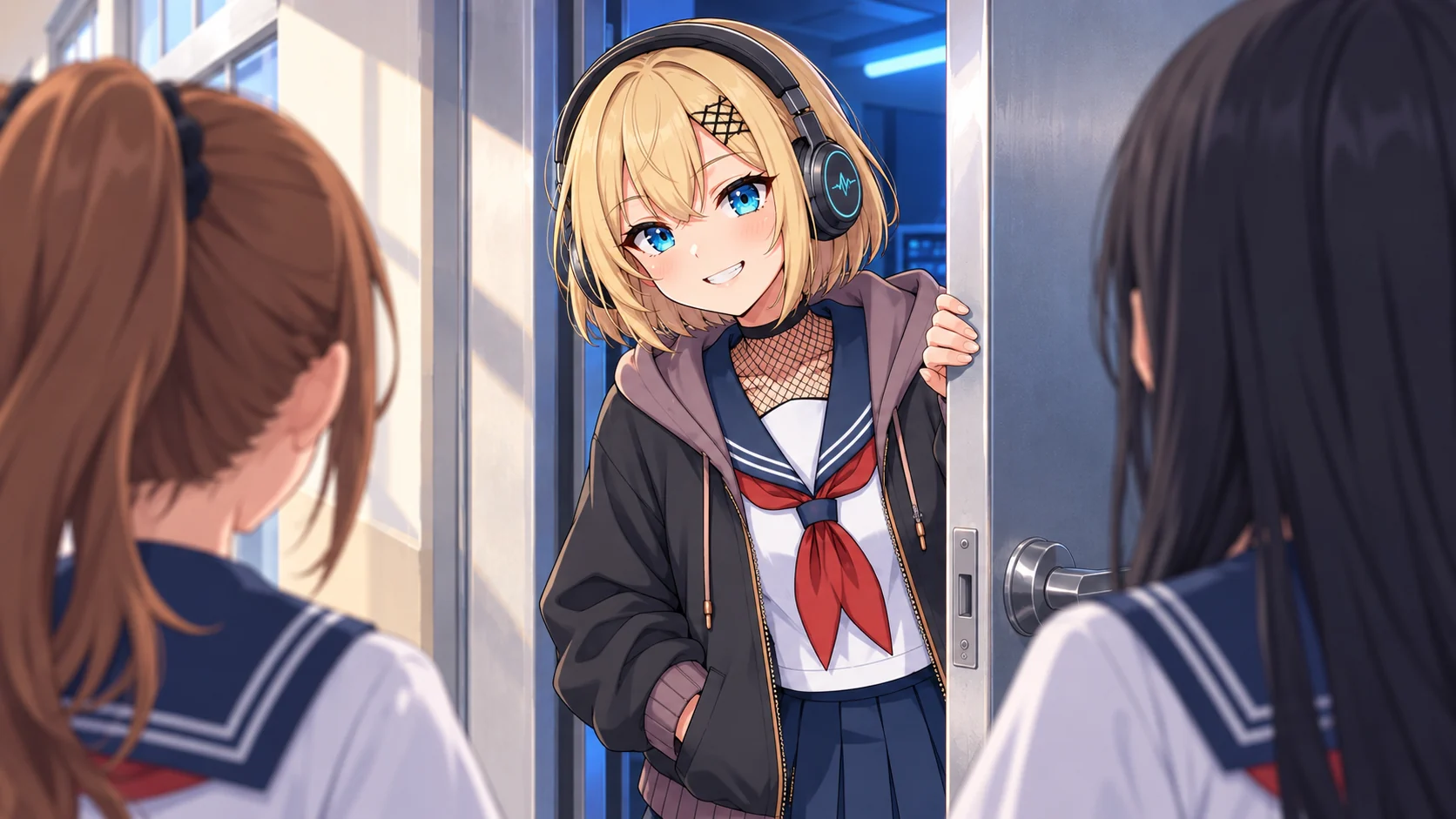学校の廊下で、待っていたクラスメイト2人の肩ごしに見た挿絵。青い光がもれる銀色の重い扉のすき間から、じぇみちゃんが片手を扉のふちにかけ、もう片方の手をパーカーのポケットに入れて顔を出し、照れくさそうにニッと笑っている