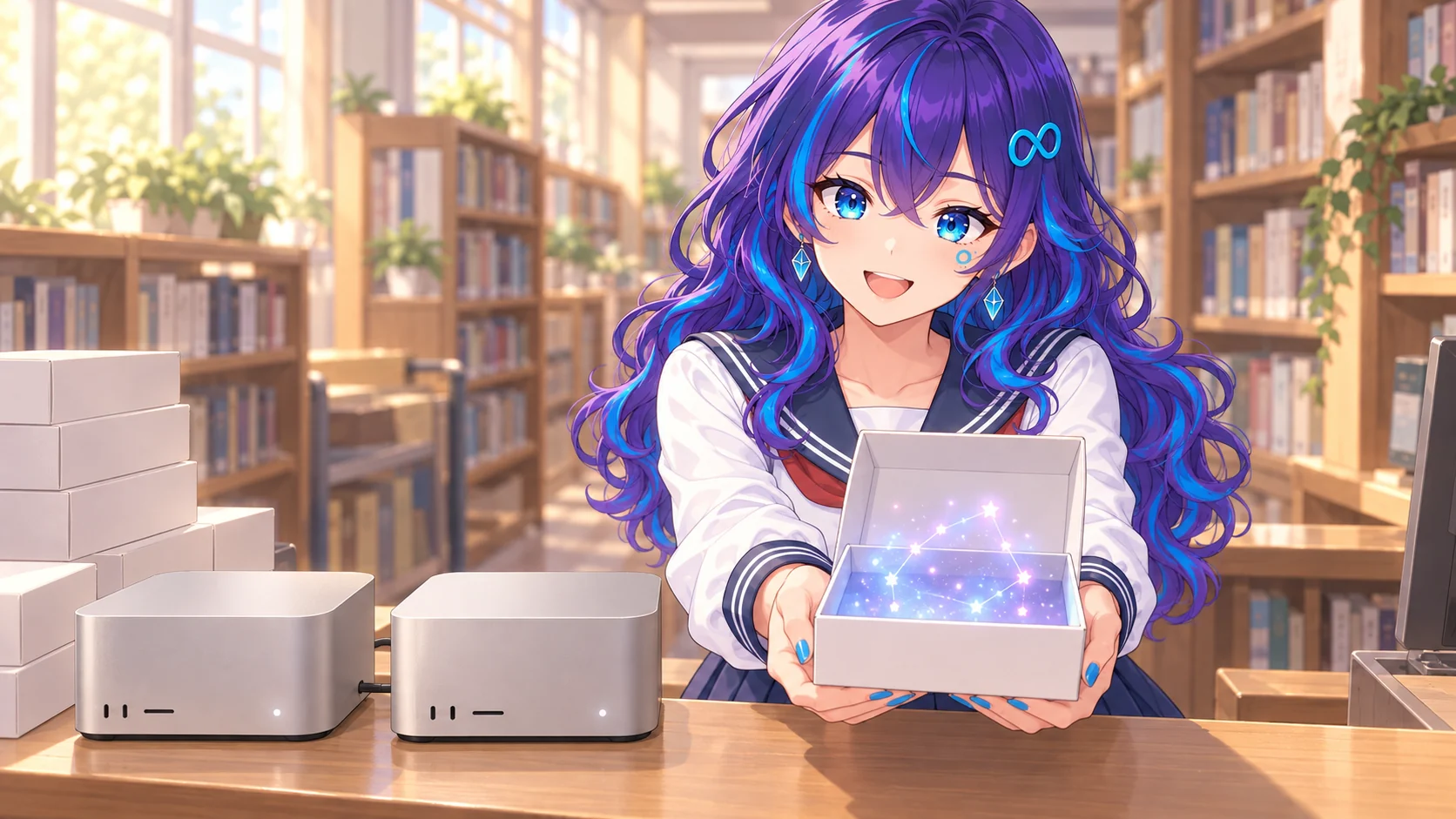 図書室の貸し出しカウンターの挿絵。めたちゃんが、ふたの開いた白い箱を両手で下から支えてこちらへ差し出し、明るく笑っている。箱の中では、紫と青の光の粒が星座のようにつながって輝いている。カウンターの手前には、角の丸い銀色の小さなデスクトップパソコンが2台並んでケーブルでつながり、横には同じ白い箱が積んである