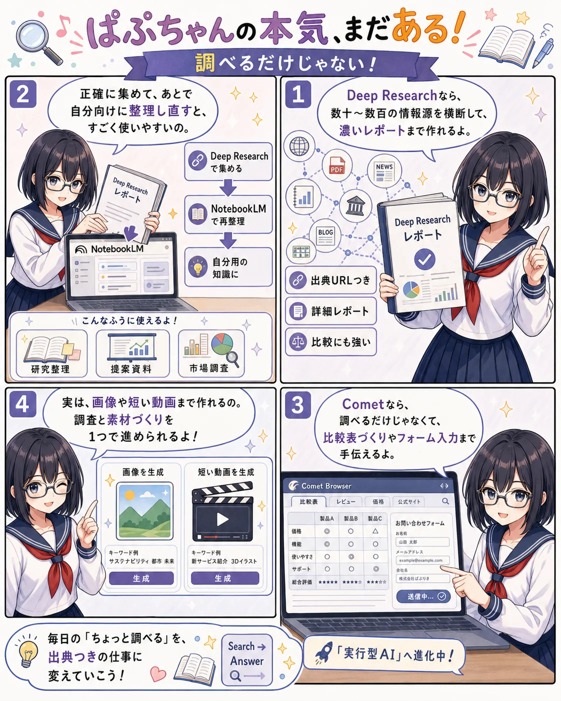 ぱぷちゃんの本気、まだある！Deep Research × NotebookLM、Cometでエージェント化、画像・動画生成も可能を漫画で説明